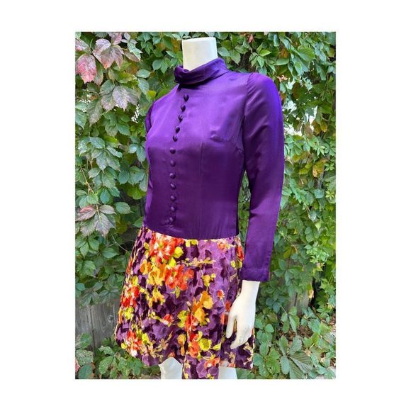 60s Scooter Dress Royal Purple Satin & Multicolor Floral Velvet Drop Waist Sm - Picture 4 of 16